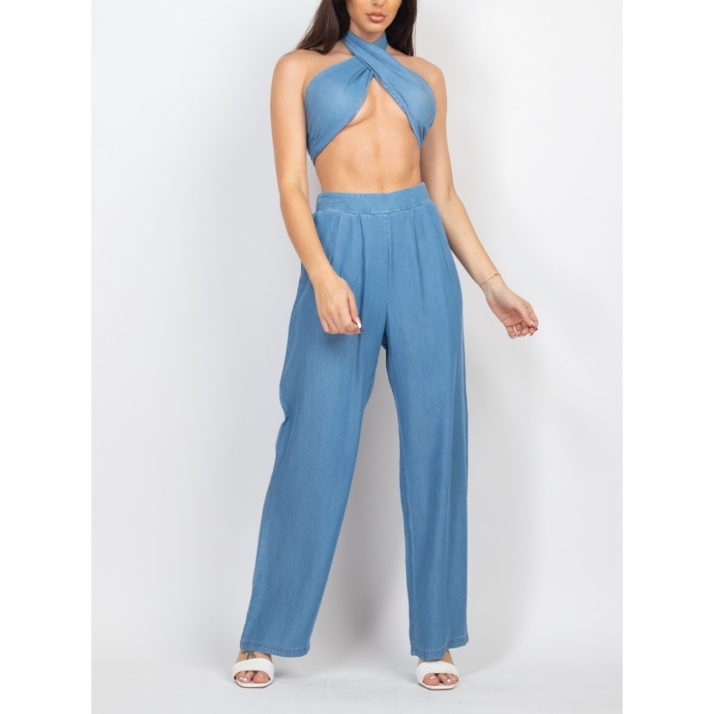 Light Blue Denim Tube Top & Wide Leg Pants Set Women S-L Tencel Stretch